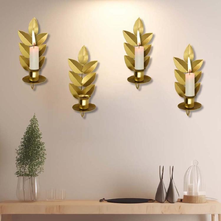 European Wheat Leaf Shape Wall Candle Sconce Holder Retro Metal Hanging Candlestick for Soft Illuminating Party Decors