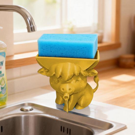 Yousheng Highland Cow Sponge Holder with Drainage Bathroom Kitchen Sink Countertop 3D Printed Cattle Sponge Stand Multifunctional Sponge Organizer