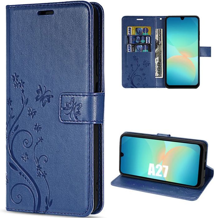 Case for Samsung Galaxy A27 5G, Anti-Scratch Protection Synthetic Leather Navy Blue Plant Pattern