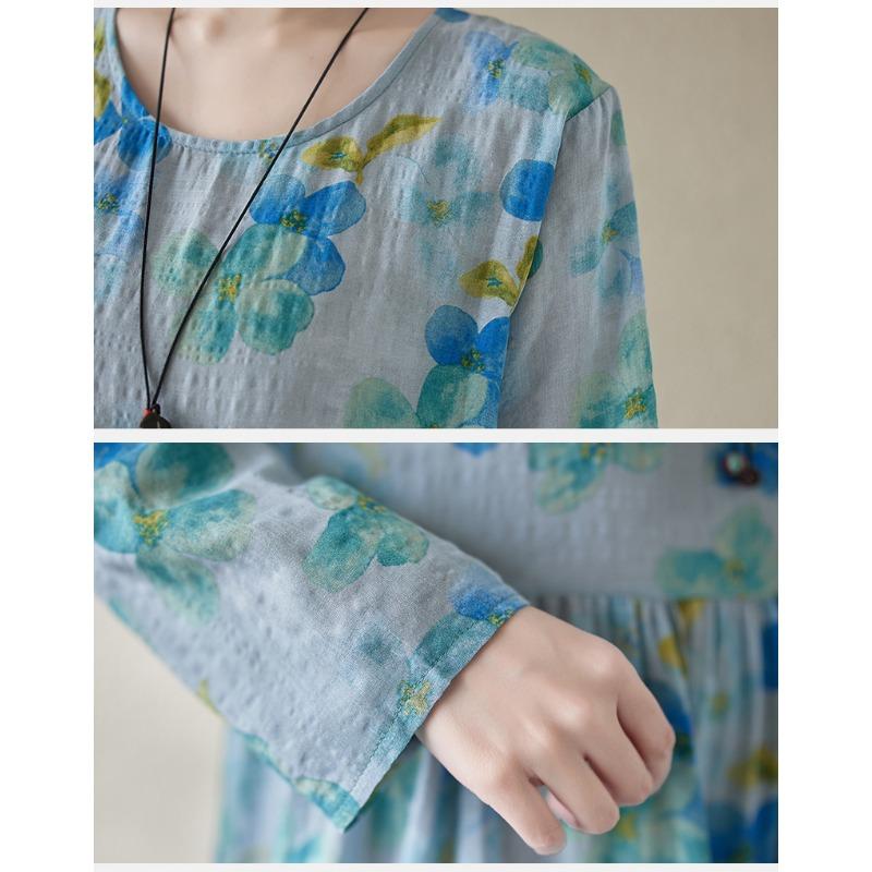 Cotton Linen Swing Long Dress Female Spring and Summer New Loose Thin Temperament Literary Retro Printing Long-sleeved Dresses