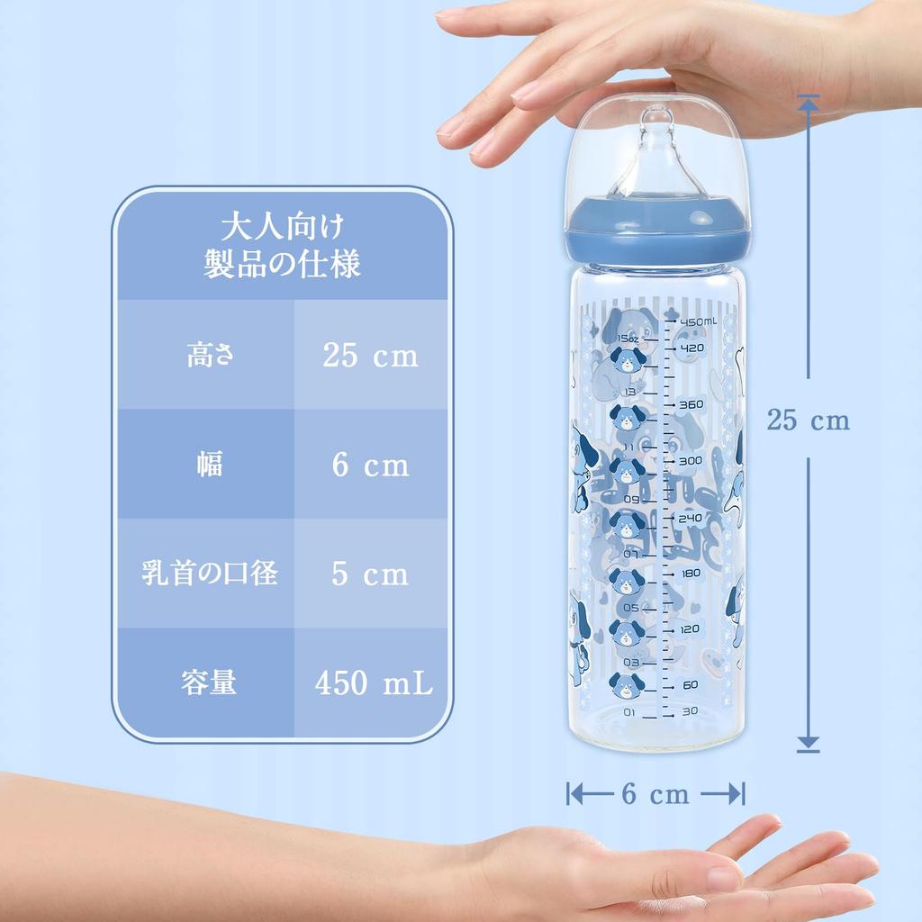 LittleForBig Butelka dla dorosłych 450 ml Duża pojemność dla dorosłych Szeroki otwór Wymienny silikonowy smoczek Osłona przeciwkurzowa w zestawie Niebieska