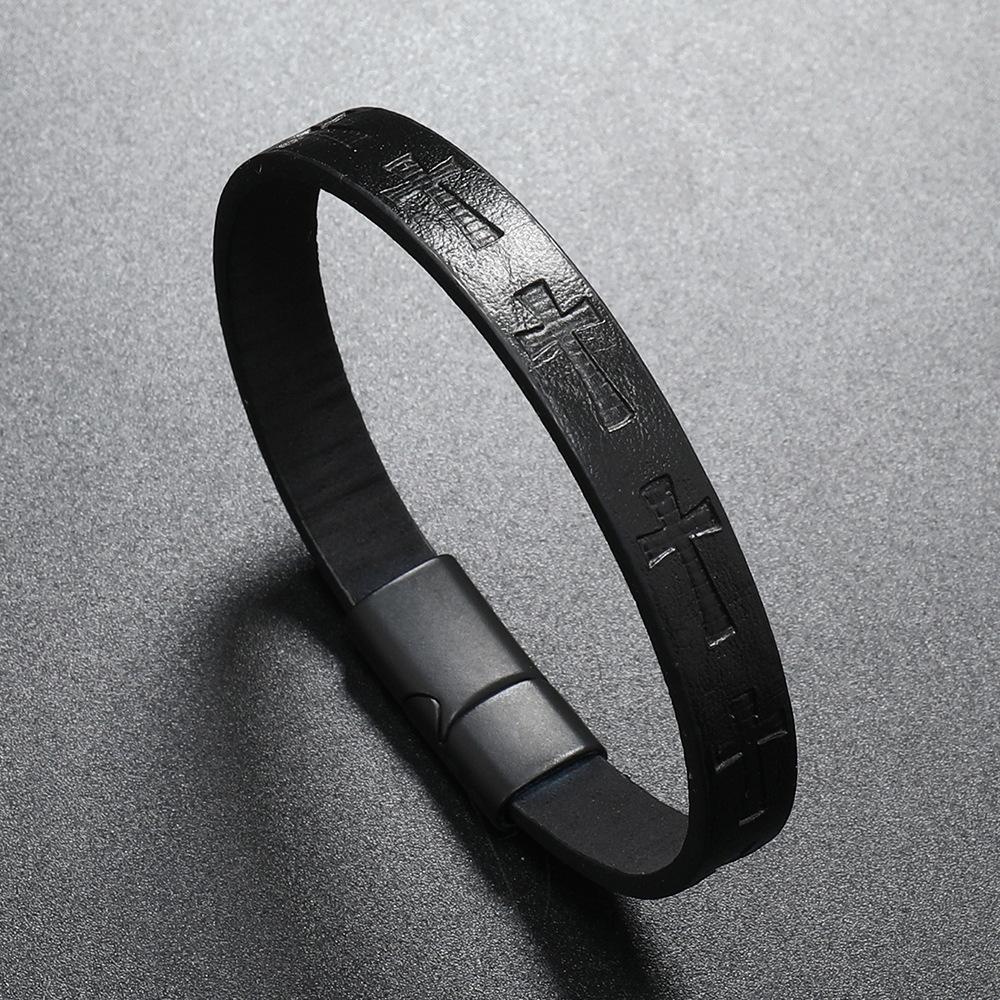 Trendy Alloy Leather Bracelet Men s Printed Cross Bracelet Magnet Buckle Retro Simple Braided Leather Bracelet