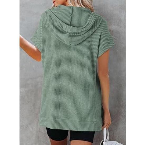 GMXIA Summer Drawstring Hoodie Waffle Knit Side Slit Belt Pocket T