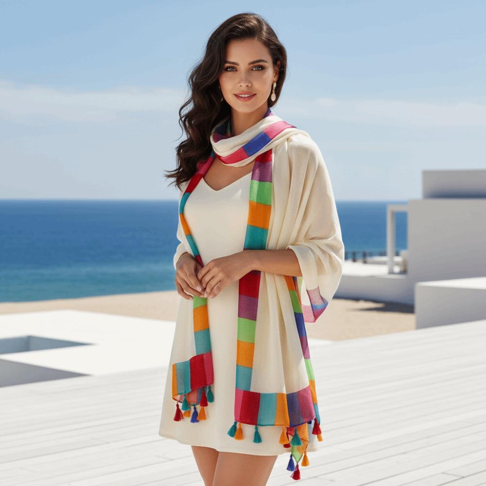 Rainbow-Border Summer Shawl Tasseled Beach Wrap Neck Wrap Sunscreen Sarong  Fashionistas