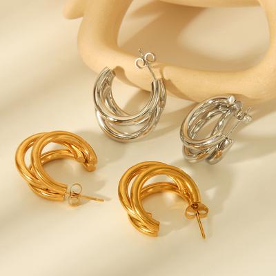 Three-layer Stainless Steel Gold-plated Earrings, Women's Light Luxury High-end Unique 18K Gold Elegant Ear Jewelry