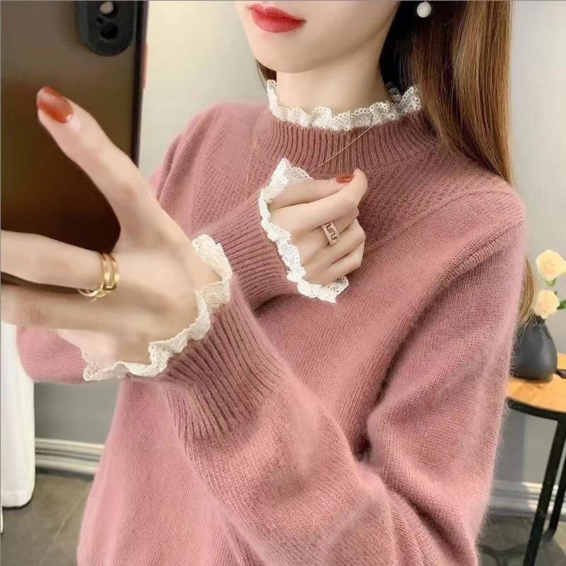 New Pullover Women's Top Lace Splicing Semi-turtleneck Sweater Femininity Knitted Bottoming Shirt