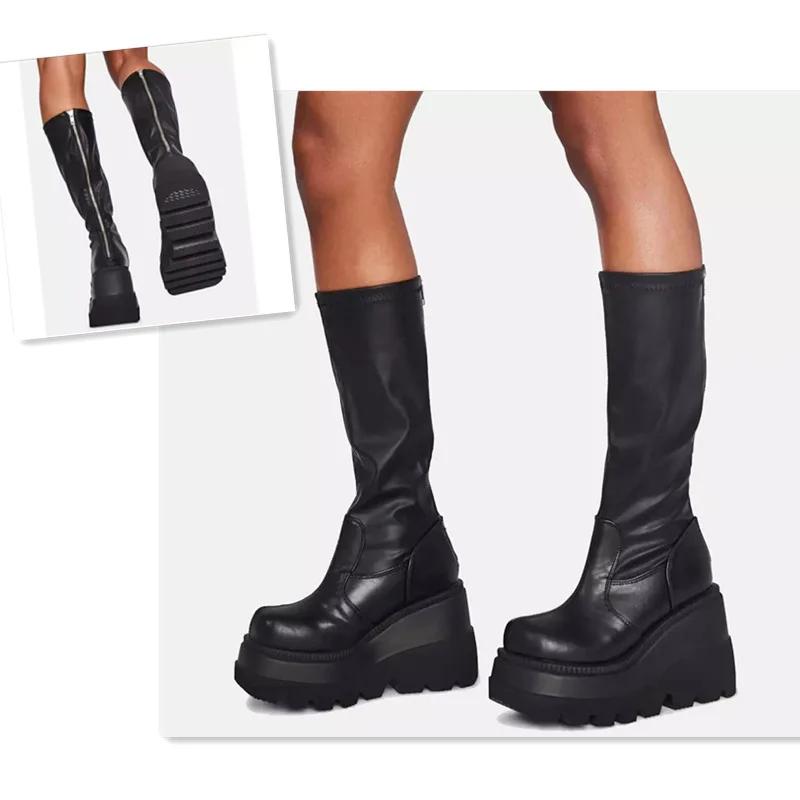 Fashion Punk Women Platform Boots Elastic Microfiber Chunky Heel Mid-calf Ladies Boots 2024 Spring Autumn Brand Black Goth Women Shoes