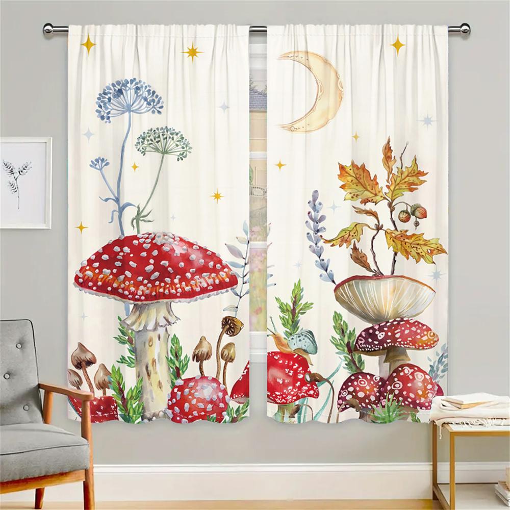 

2 шт. Мечтательные грибные шторы Луна Звезды Цветочный узор Гостиная Спальня Декор окна Шторы Шторы в стиле сказочного леса 29.5W65H(inch)x2Pcs&Rod Pocket