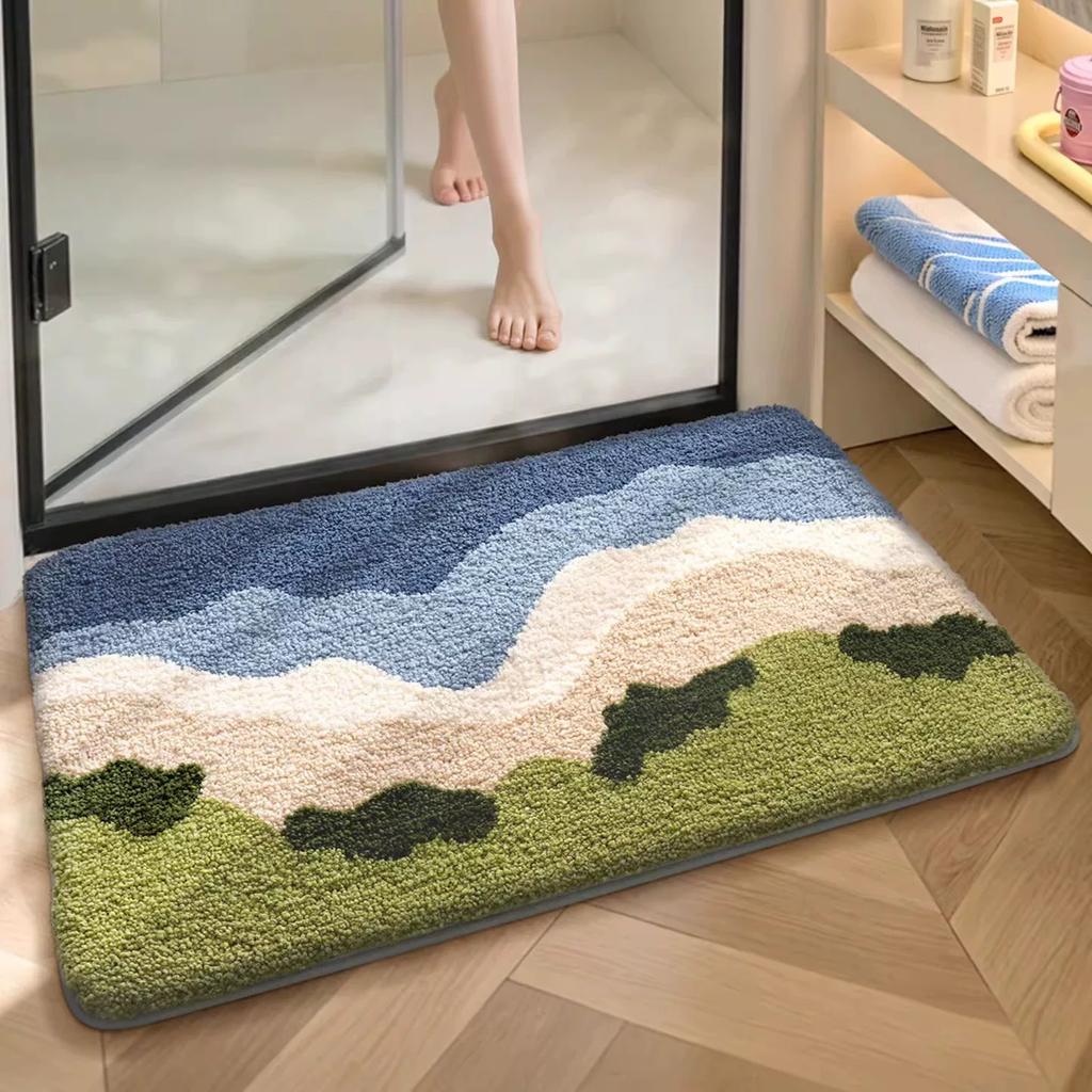 Bathroom Floor Mat with Green Gradient Texture, Absorbent Carpet for Bathroom, Simple Style, Thickened, Quick-Drying, Non-Slip Foot Mat