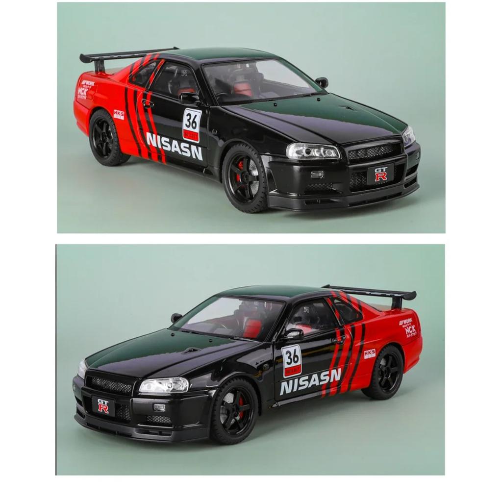 1/18 Nissan Skyline Ares GTR GT-R R34 Alloy Track Sports Car Model Diecast Metal Racing Car Vehicle Model Sound and Light Kids Toy Gift
