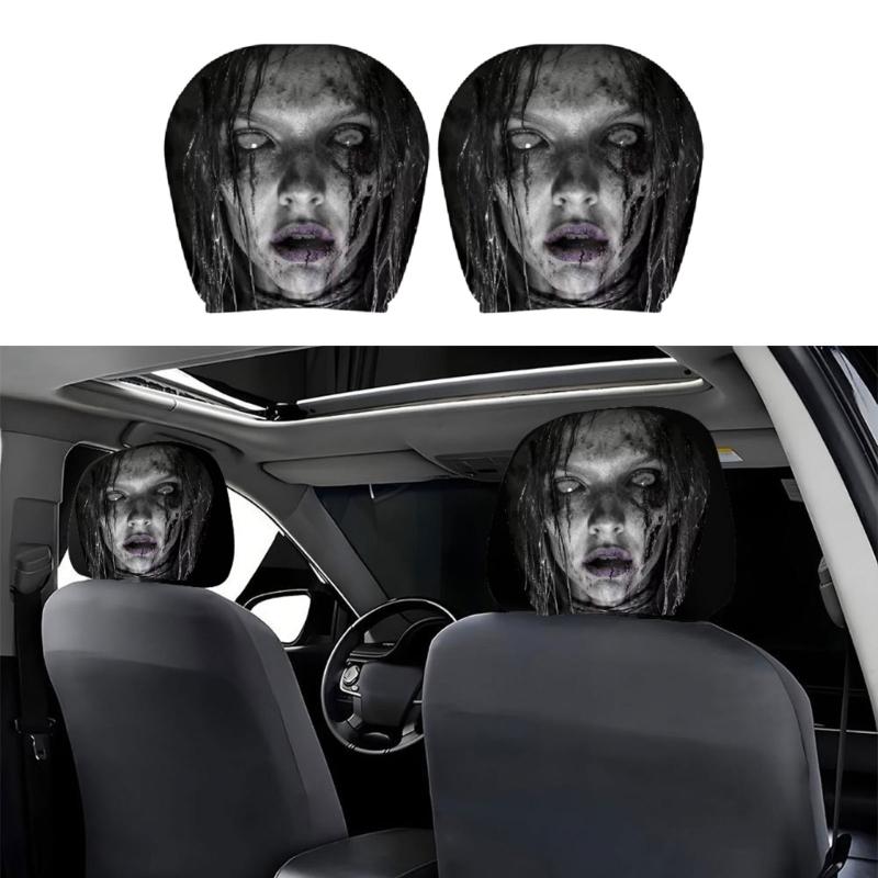 2Pcs Polyester Car Headrest Covers Halloween Horror Artwork, Decorative Covers Vehicle Headrests Protector for Interior Styling