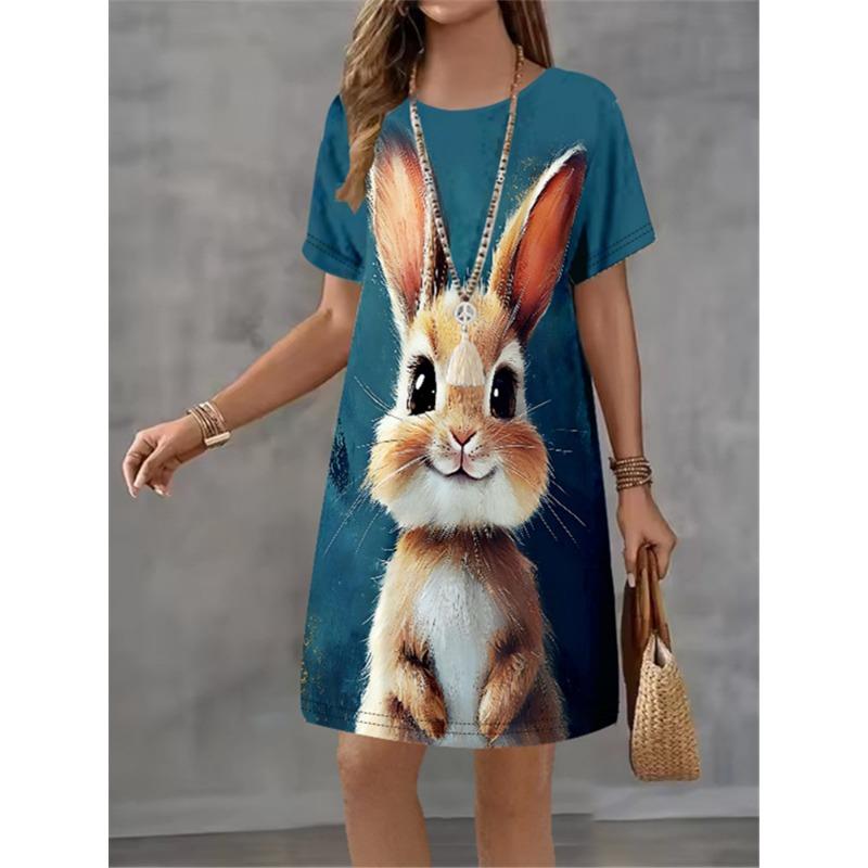 Women Dress Cute Rabbit Pattern Print Design Sense Pattern 2025 Summer Elegant Women A-Line Dress Casual Short Sleeve Mini Dress