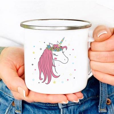 Emaille-Becher, niedlicher Becher mit Cartoon-Einhorn-Aufdruck, kreativer Wasser-/Saft-Trinkbecher, personalisierte Geschenke, Kaffeebecher, Freunde-Becher
