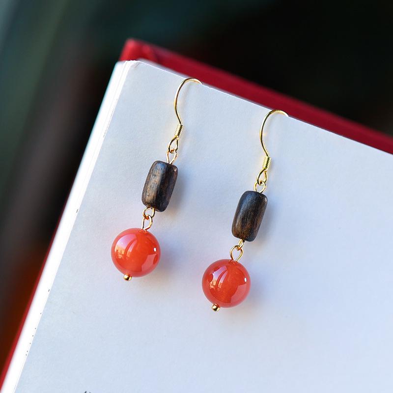 HD Agarwood & Red Agate Earrings: Niche Light Luxury, Ancient Style, Elegant Temperament, Long Design