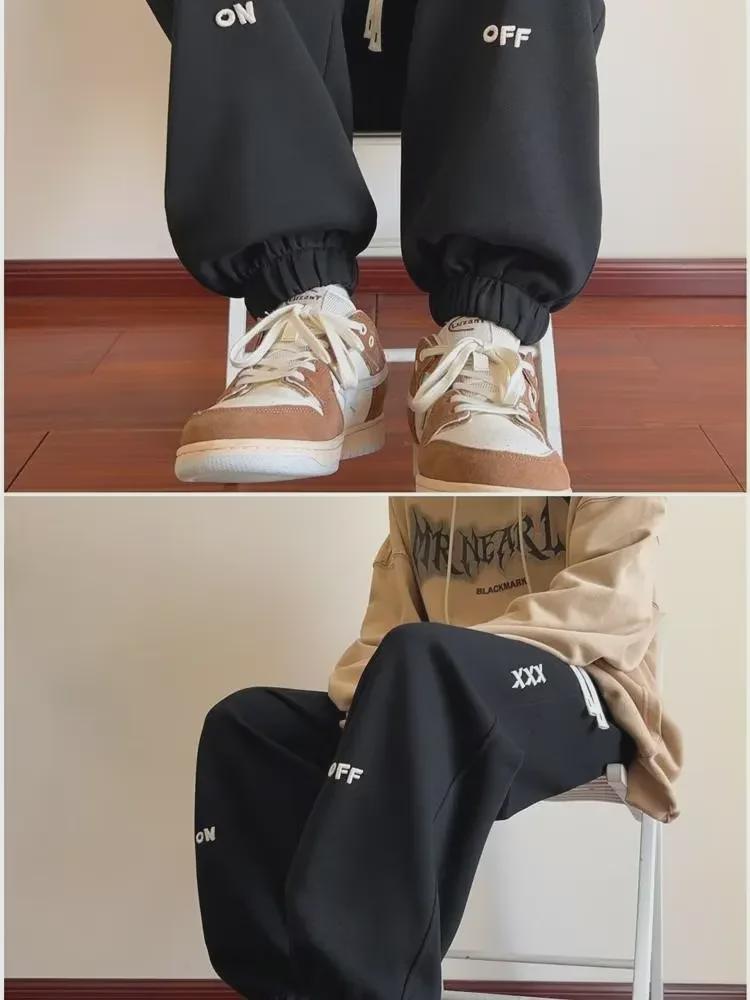 Men's Hong Kong Style Embroidered Velvet Sweatpants: Loose-Fit Casual Pants for Autumn/Winter Fashion Trend.