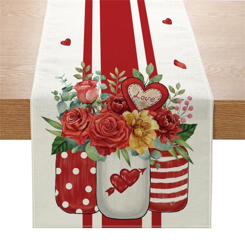 Valentines Day Linen Table Runner Wedding Decoration Heart Gnome Couple Table Runner Tablecloth for Dining Table Decor