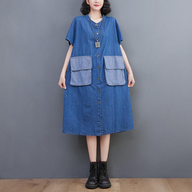 

DIMANAF женское 2023 новое весеннее джинсовое платье элегантное длинное платье свободное платье с круглым вырезом базовые синие платья с карманами 2XL синий