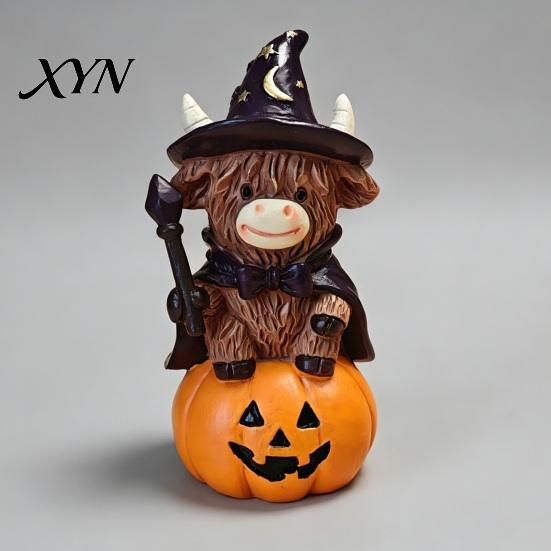 Festive Halloween Prop Highland Cow Figurine, Witch Pumpkin Skull Statue, Resin Scottish Small Desk Ornament for Calf Lovers, Shelf, Tiered