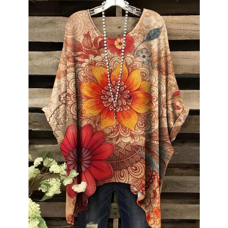 

Women s large size T-shirt, ethnic style big flower pattern all over printed short sleeves, versatile and fashionable round neck loose T-shirt XL