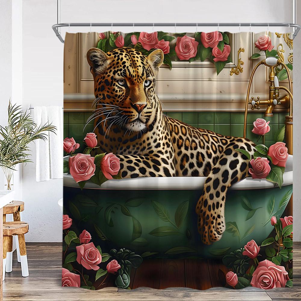 Bathing Leopard Shower Curtain Wild Animal Lion Panther in Bathtub Floral Bathroom Decor Modern Elegant Polyester Bath Curtain