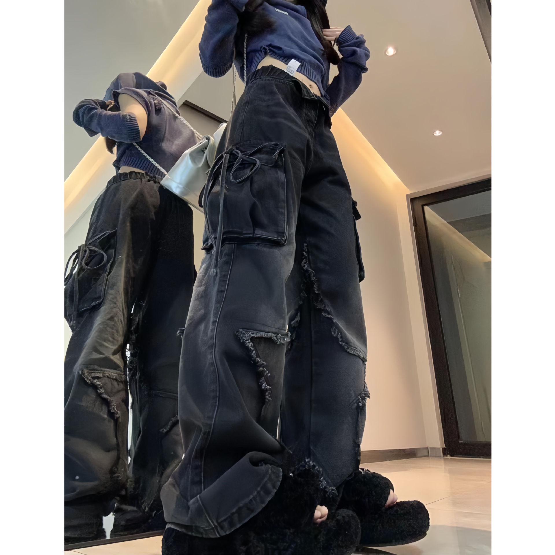 

Y2K Retro American Dark Denim Star Pocket Wide-Leg Pants M