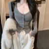 Women's Deep V Neck Button Long Sleeve Top Ribbed Fitted Soft Dralon Thermal Slim Y2K Sweet Tee Fall Sexy Club Crop Blouse