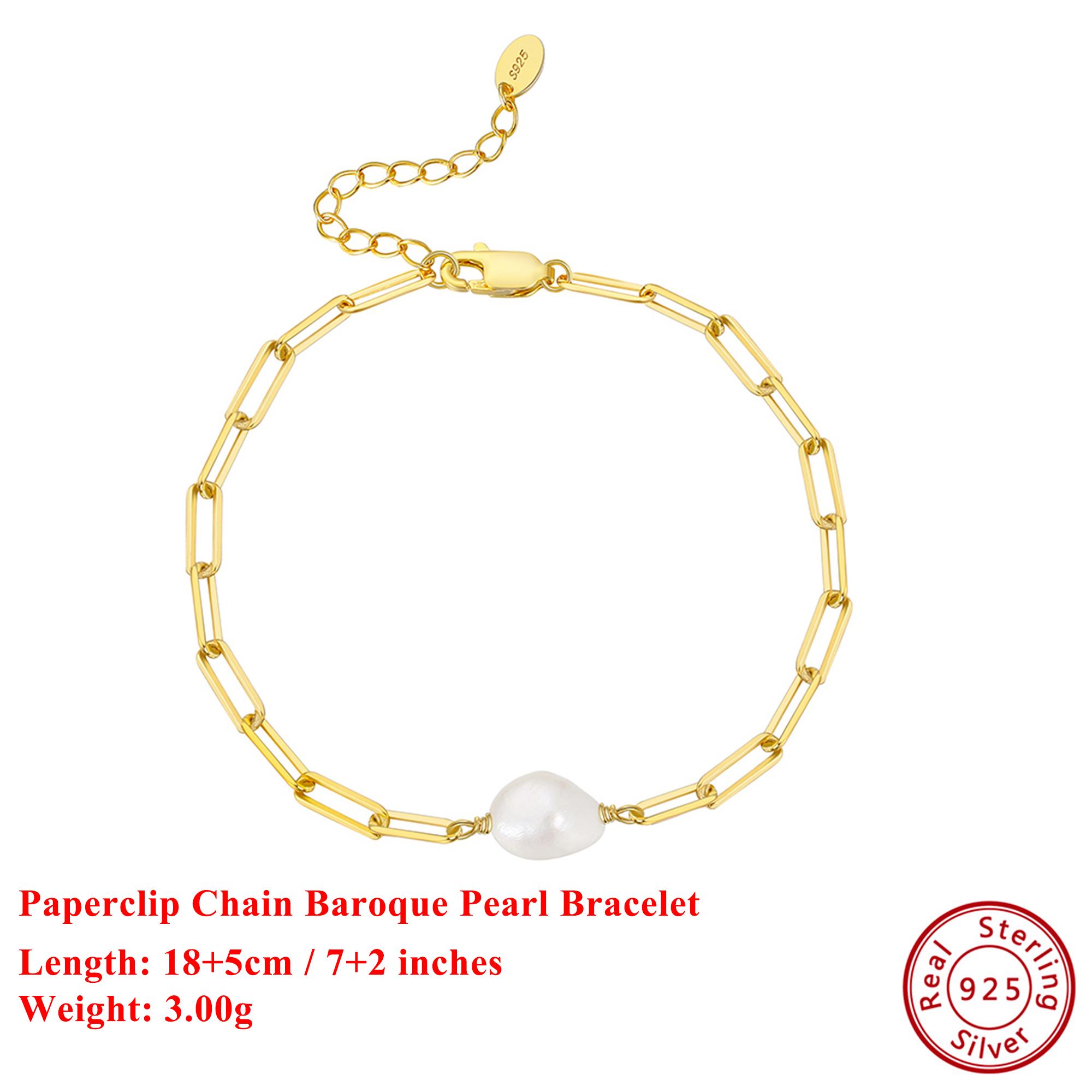 

EFFIE QUEEN 925 Sterling Silver Paperclip Chain Bracelet with Real Pearl For Women Fashion Fine Wrist Chain Jewelry Gift GPB07