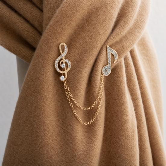 Brooch Pin for Women, Treble Clef Eighth Note Brooch with Staggered Metal Chains, Rhinestones Musical Design Lapel Pin for Musicians Formal Casual