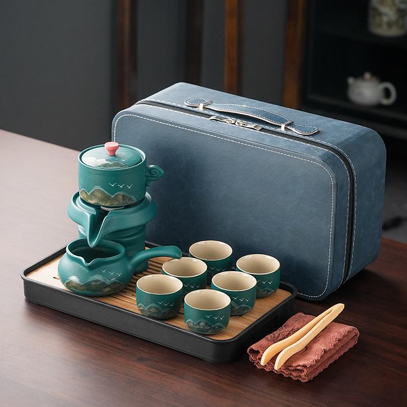 

Tea set, simple business gift, semi-automatic coarse pottery tea set, guest reception, portable lazy stone grinding teapot set