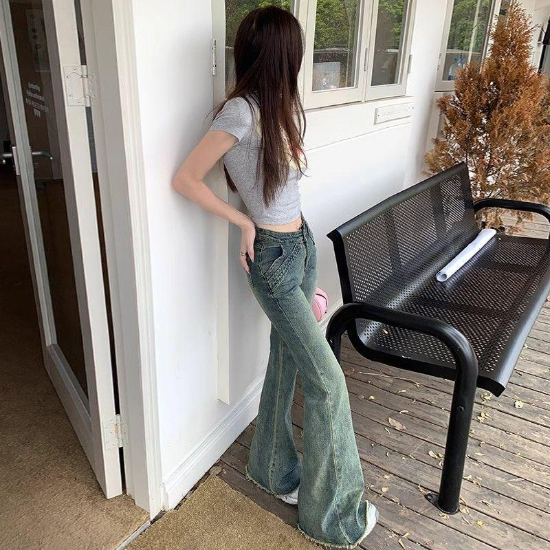 High-waisted Horseshoe Trousers Micro Flare Jeans Women Spring and Summer Retro Small Size Show Skinny Drag Ground Flare Trousers Long Denim Pants