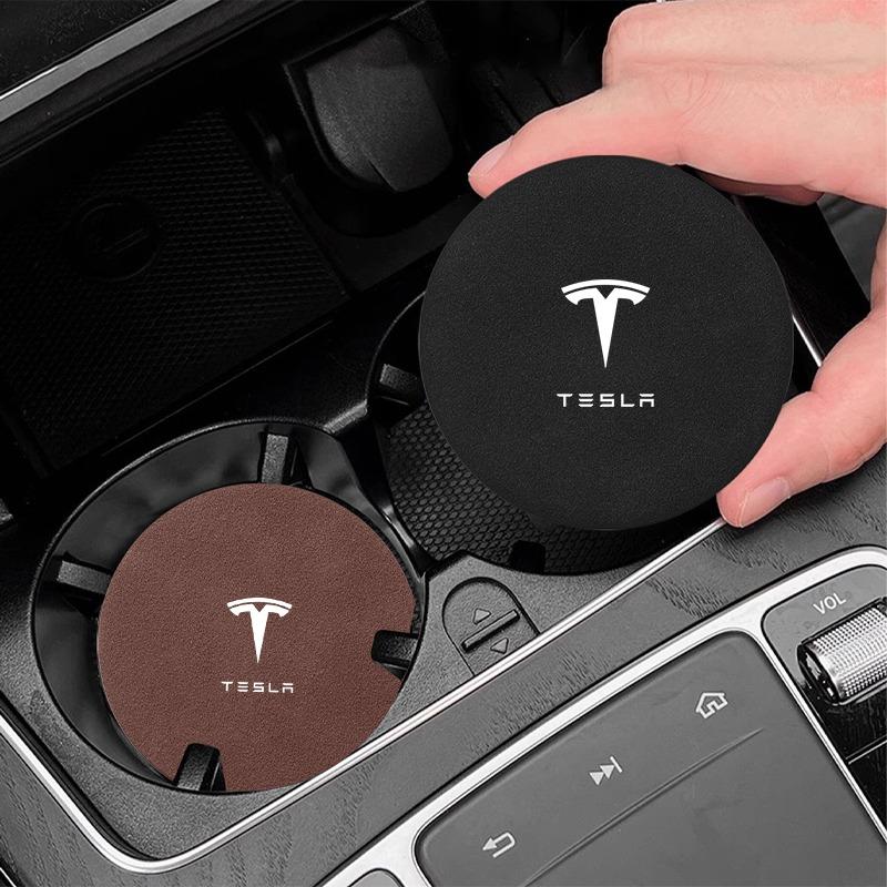 Leather Car Water Coaster Non-Slip Mat Car Bottle Holder Insert Pad For Tesla Model S Model X Model Y Cybertruck Model 3 Model Y
