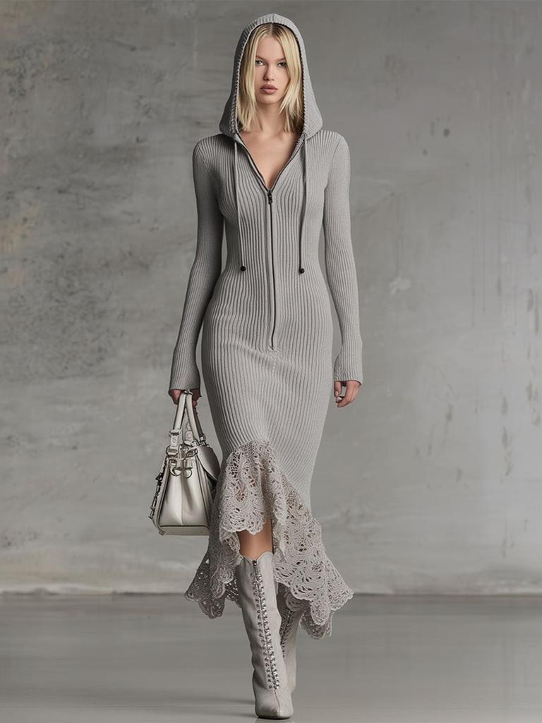 Autumn Fashion New Elegant Style Zipper Stand Collar Bell Sleeve Knit Mermaid Dress