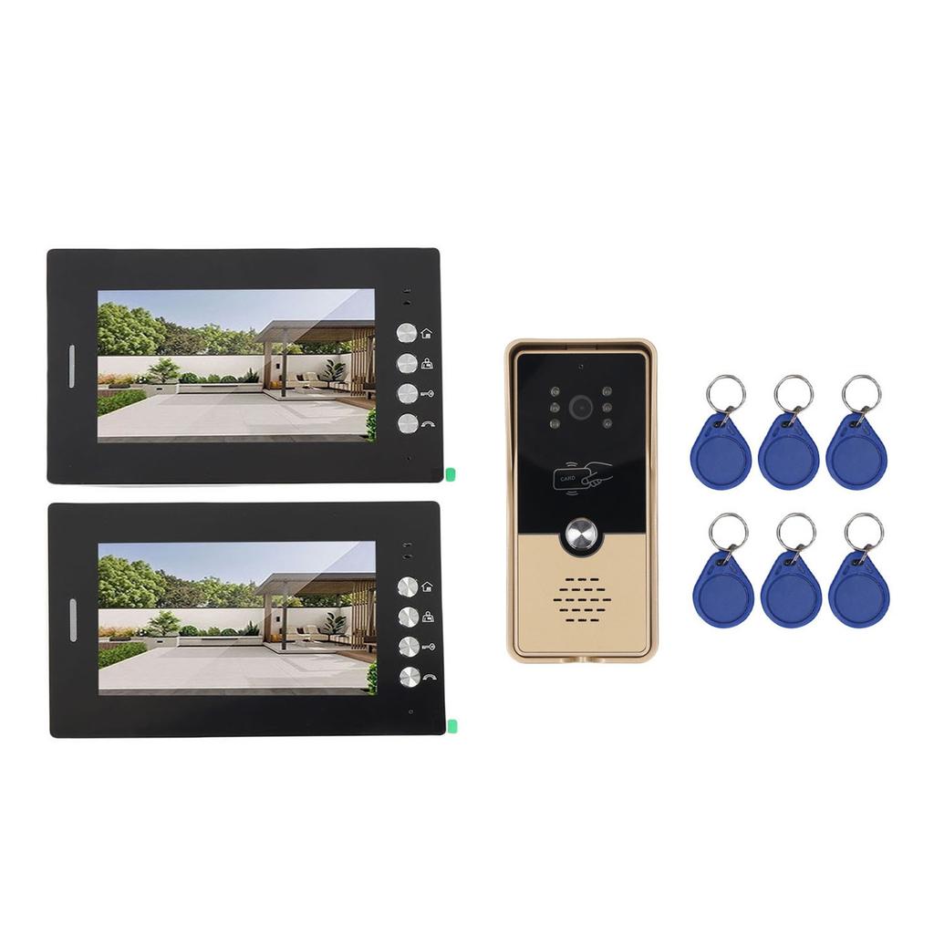 Video Intercom Entry System 2 Units 7 Inches HD Display Wired Video Door Phone Kit with 6PCS Access Cards for Villa Apartment