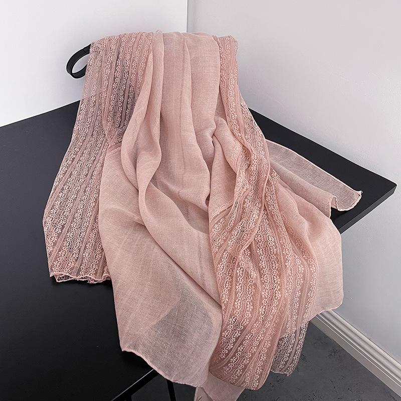 

Длинный тонкий шарф с кружевной линией для весны и осени, японская и корейская женская модная однотонная шаль, высококачественный хлопковый шарф с нитью 195*90cm