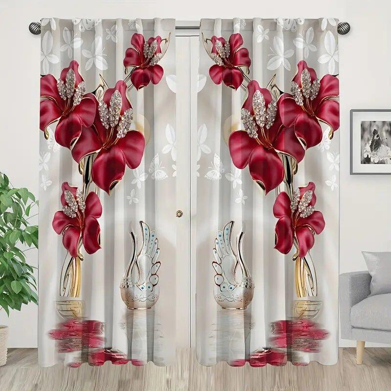 2 Pieces of Flowers Printed Curtains, Pole Bag Curtains 30*65, Bedroom, Living Room, Home Decoration, Room Decoration
