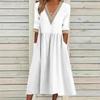 Fashion V Neck Large Size Short Sleeve Summer Dress Women Elegant Loose Office Casual A-line Party Lace Dresses Solid Female Pleated Hollow Clothing
