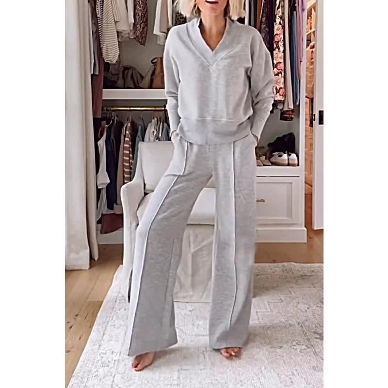 Autumn New Casual V-neck Long-sleeved Loose Top Wide-leg Pants Two-piece Set
