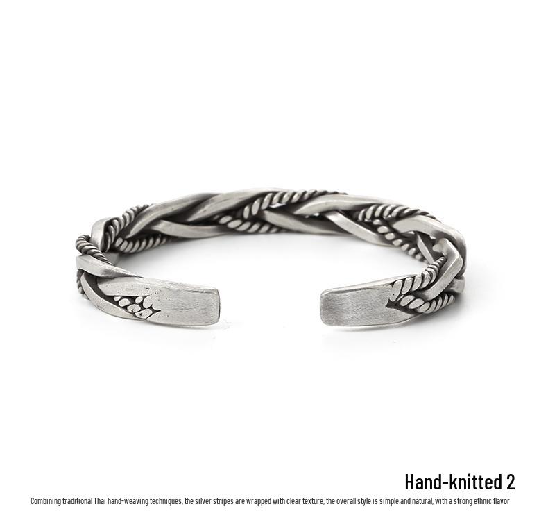 Retro Braided Open Bangle: S925 Silver Plated Unisex Bracelet - Trendy Heavy Industry Design