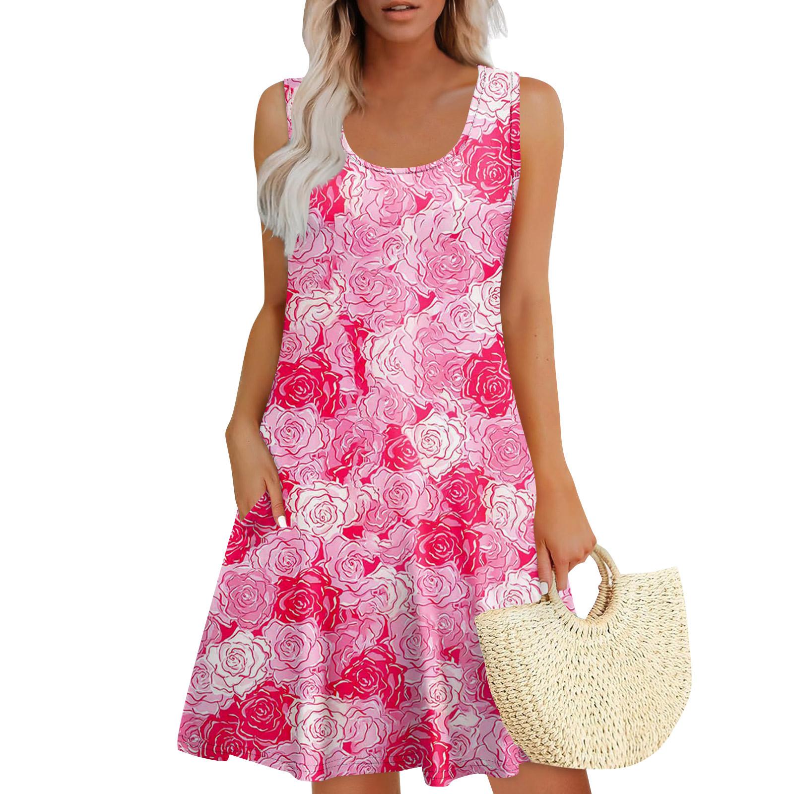 

Women s Summer Casual U-shaped Tie Pocket Popular Floral Print Dress M рожевий