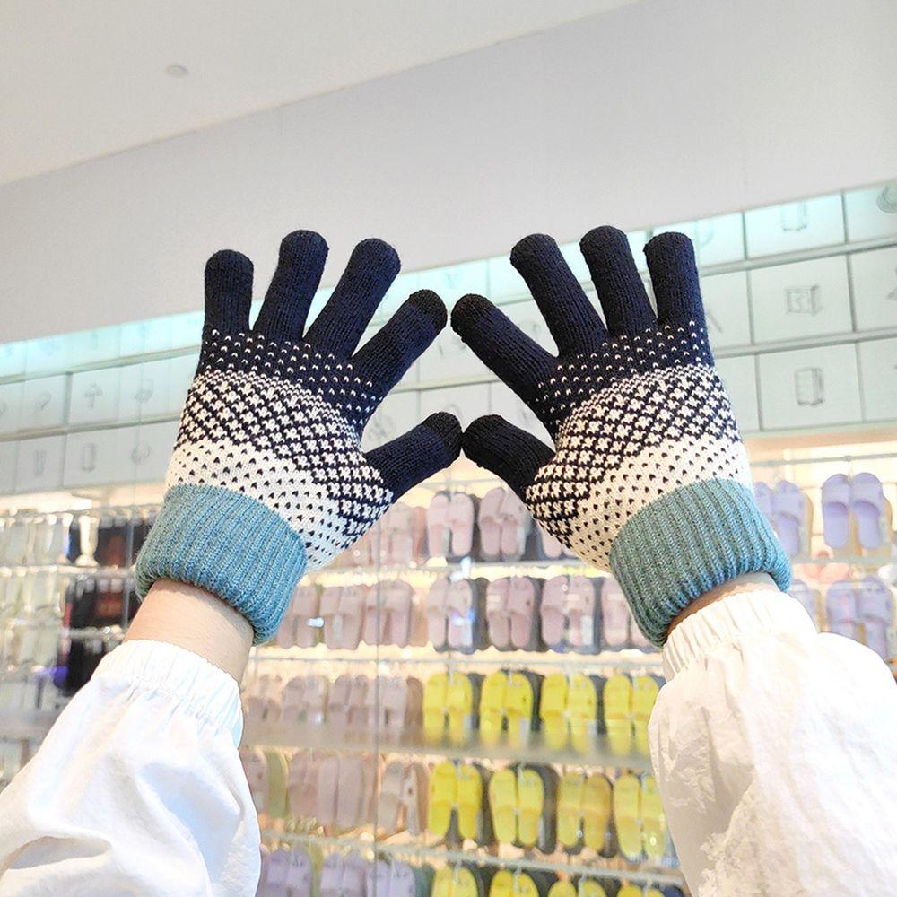 

Finger Outdoor Cycling Korean Style Mittens Plus Fleece Women s Knitted Gloves Gloves navy blue-Dots