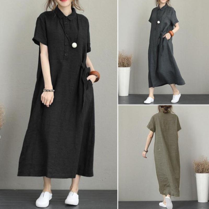 Shop Women Linen Collar Neck Short Sleeve Loose Fit Long Dress Won Wdr Wa65d82