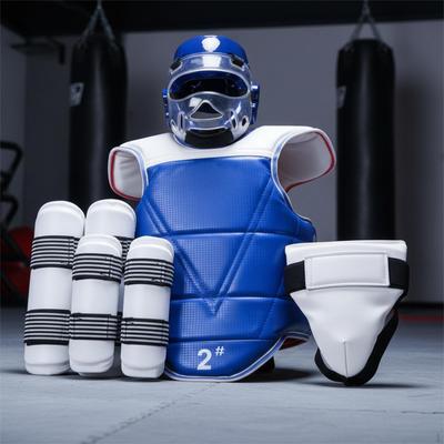 Complete Karate Sparring Gear Set Including Helmet, , Chest Protector, Thigh Guards, And Arm Guards.