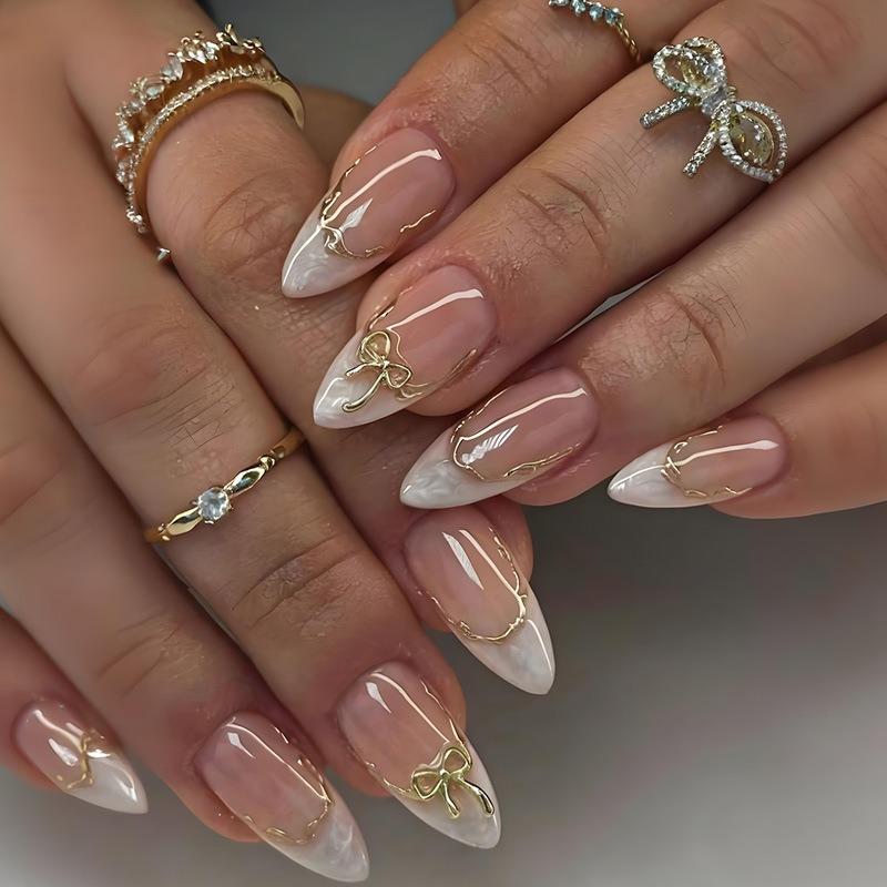 French Bow Press On Nails Almond Shaped Gold Line Nail Tips
