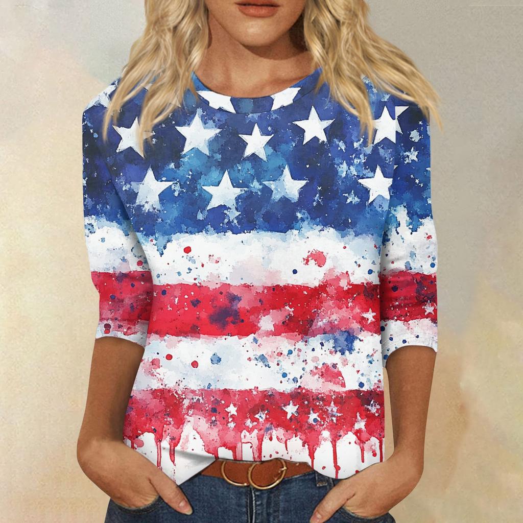 Damenmode Lässiges Rundhals-T-Shirt mit 3/4-Ärmeln und lockerem Aufdruck