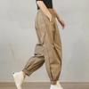 Lady Harem Pants Loose Elastic Waist Solid Color Drawstring Pockets Streetwear Deep Crotch Ankle Banded Aesthetic Lady Cargo Trousers Women Clothing