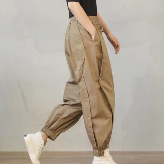 Lady Harem Pants Loose Elastic Waist Solid Color Drawstring Pockets Streetwear Deep Crotch Ankle Banded Aesthetic Lady Cargo Trousers Women Clothing