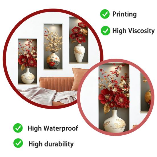3 Sheets 3D Flower Vase Wall Stickers Faux Floral Wall Decals Peel And Stick Wall Art Mural for Living Room Bedroom Office Home Decor