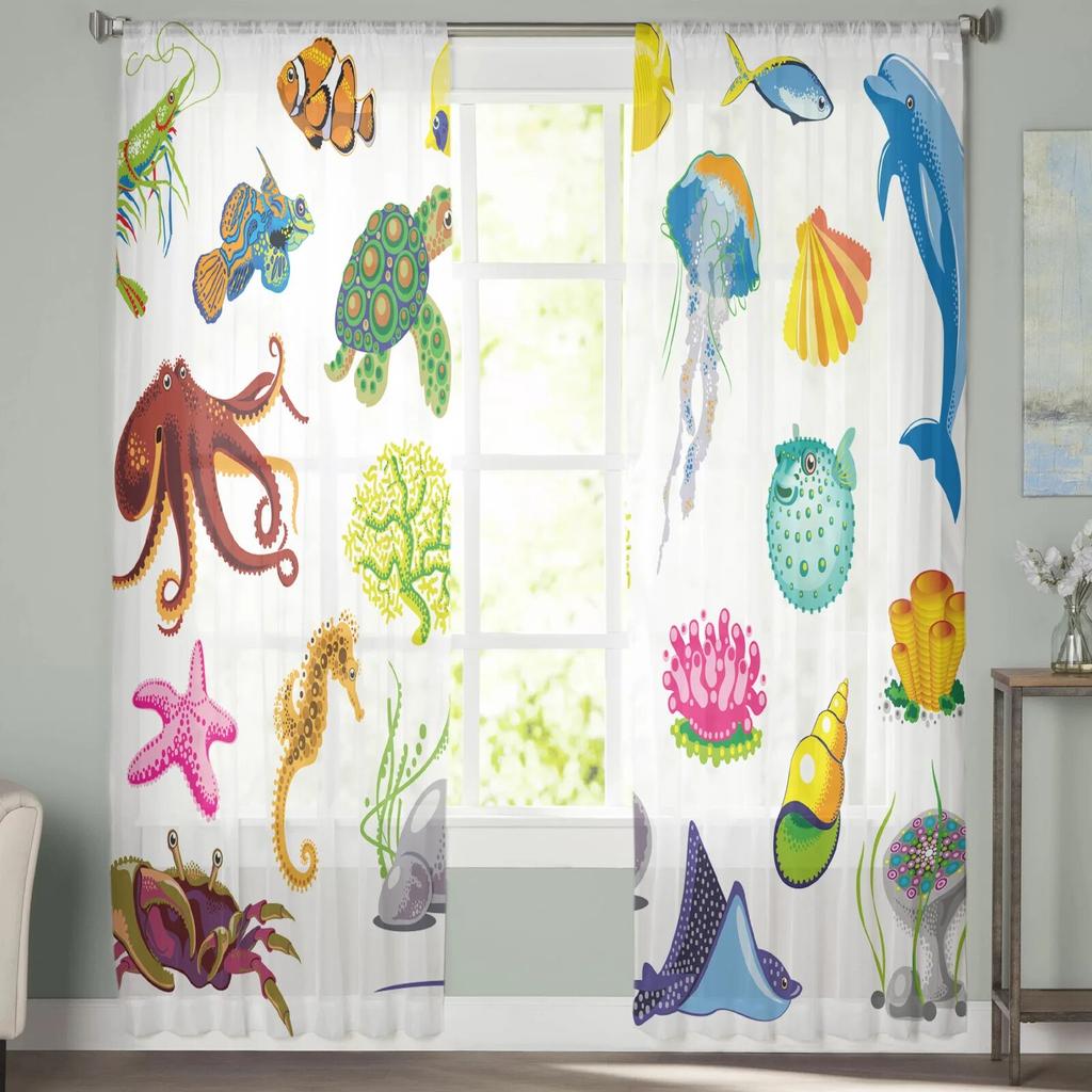 Cartoon Marine Life Animal Tulle Curtains for Living Room Drapes Window Sheer Modern Curtains for Bedroom Decor