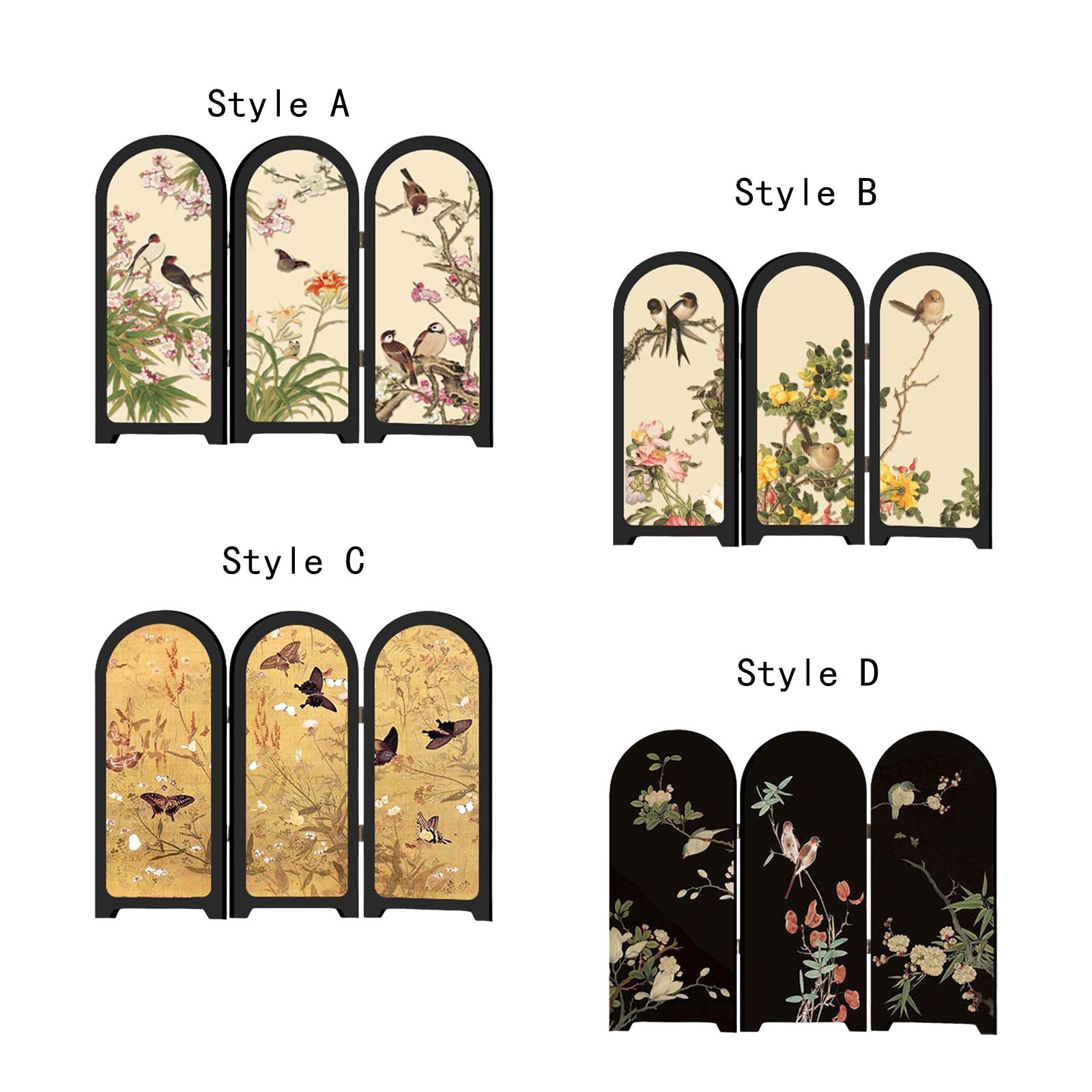 Mini Desktop Folding Screen Decorative Oriental Gift Bird and Flower Print for Entrance Cabinet Countertop Bedroom Shelf Office