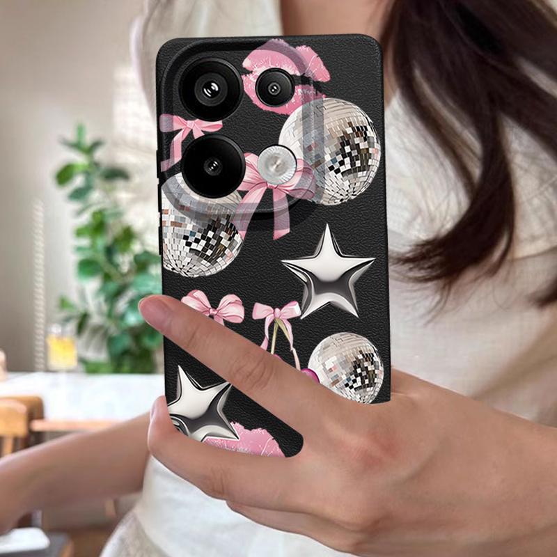 Cherry Bowknots Lips Disco Ball Pattern Case Xiaomi 14T 13T 11T Pro Leather Texture Silicone Cover Funda For Redmi Note 14 13 Pro 4G 5G 12 11